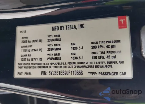 2018 Tesla Model 3 Long Range/Performance из США, поврежденный, VIN 5YJ3E1EB9JF110658